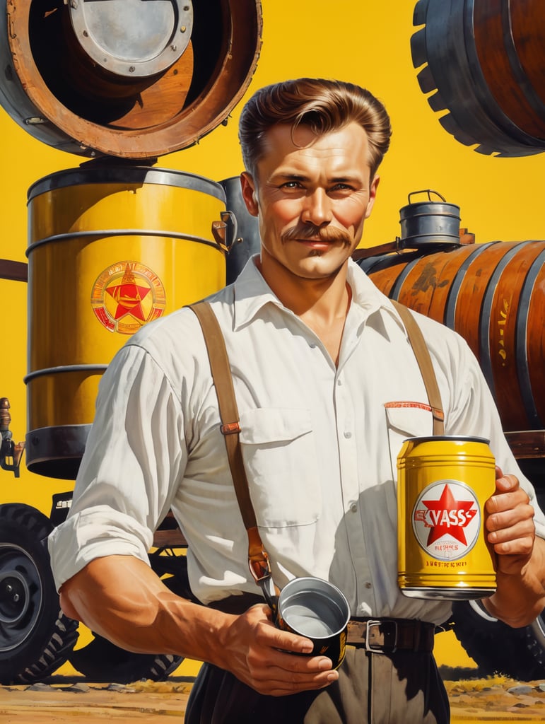 a poster, A Soviet male worker in a white shirt holds a mug of kvass in his hands, in the background a Soviet yellow barrel on wheels with kvass can be seen