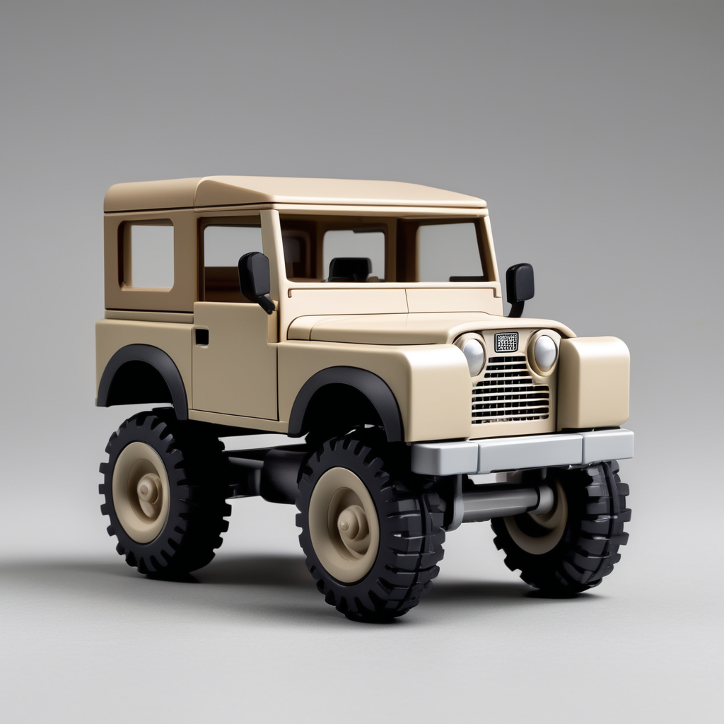 Small toy landrover jeep designed by Dieter Rams. Oversized wheels. Ultra minimalist industrial design. Oak and injection molded plastic. Full object in view. Wide hull. Chibi style.