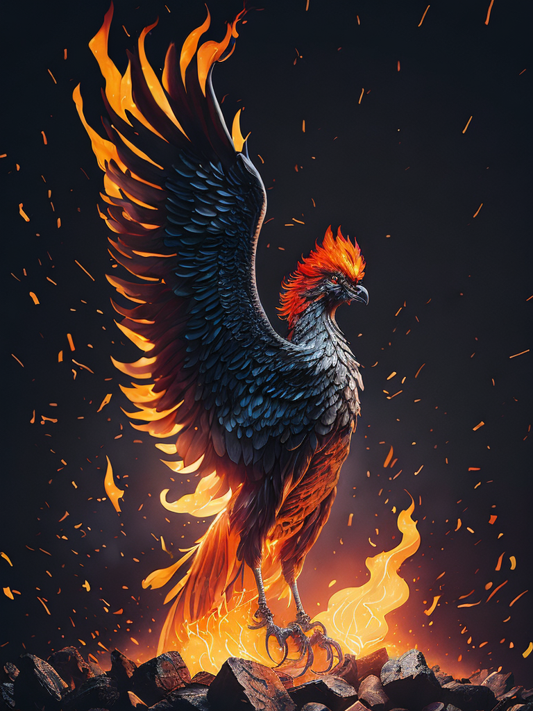 Illustrate a majestic and regal phoenix rising from the ashes with vibrant feathers and intense fiery hues.