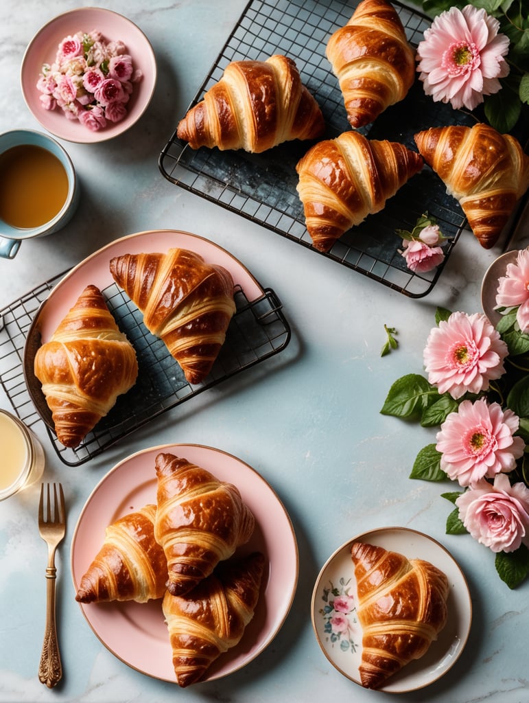 Cookbook photo, top - view, wire cooling rack, croissants, with a floral, allow, banner, pink and pastel blue, farmcore