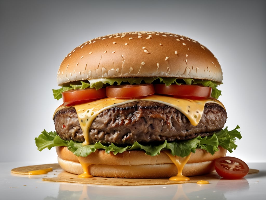 an appetizing burger with lettuce, tomato and melted cheese, ultra hd, isolated, hyper realistic, detailed,