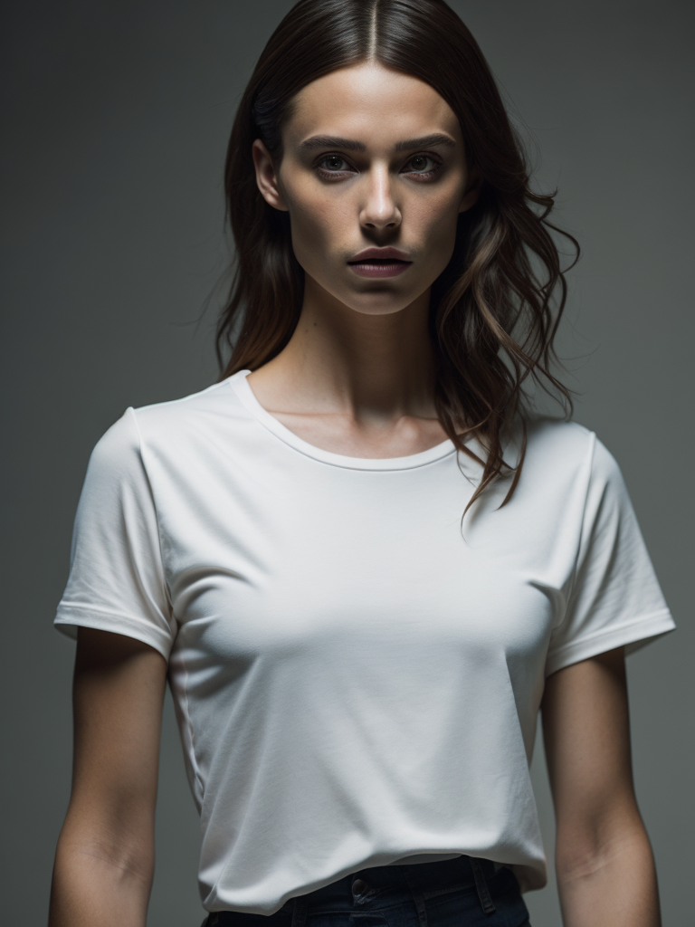 a torso of a man wearing a white t-shirt, front view, grey background