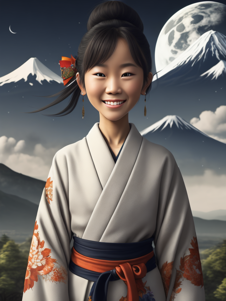 A cute and smiling Japanese girl in a kimono, Mount Fuji, clouds and Moon is in the background in the distance. Miyazaki japan cartoon style details. clear, sharp and colorful high-resolution picture.