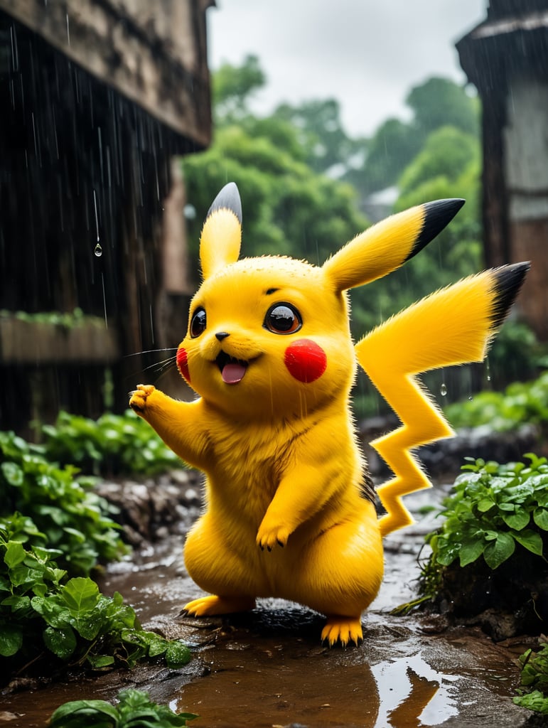 "Imagine Pikachu, the beloved Pokémon, joyfully playing in the pouring rain within a scene that has been utterly ravaged and weathered by the relentless passage of time. Pikachu should exude happiness, with raindrops bouncing off its yellow fur and an exuberant expression. The surroundings should depict a once-thriving environment now deteriorated and overgrown with vines, broken structures, and crumbling remnants of a forgotten era. The contrast between Pikachu's youthful spirit and the decaying landscape should evoke a poignant sense of nostalgia and the enduring resilience of nature."