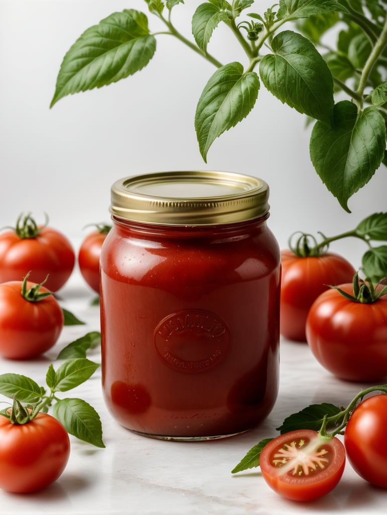 tomato ketchup jar, red tomato with green leaves, isolated, white background, mockup