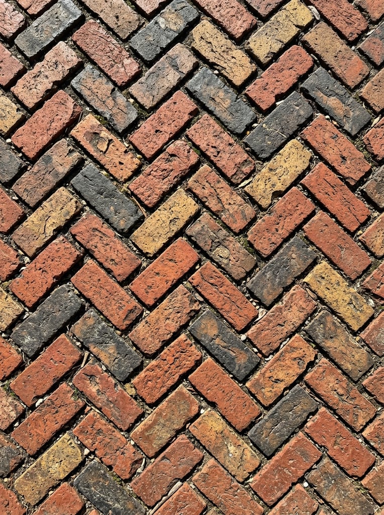 A weathered brick pavement laid in a classic herringbone pattern fills the frame from a top-down perspective. The rectangular bricks feature a highly textured, aged surface with chips, pores, and rough edges. The masonry displays a rustic color palette of deep terracotta reds, charcoal greys, and pale ochre yellows. Deep crevices separate the interlocking blocks, holding accumulated dirt and sparse bits of dry debris. Harsh, direct sunlight casts sharp, high-contrast shadows within the joints, emphasizing the tactile, uneven surface and forming a rich, geometric mosaic of rugged earth tones.