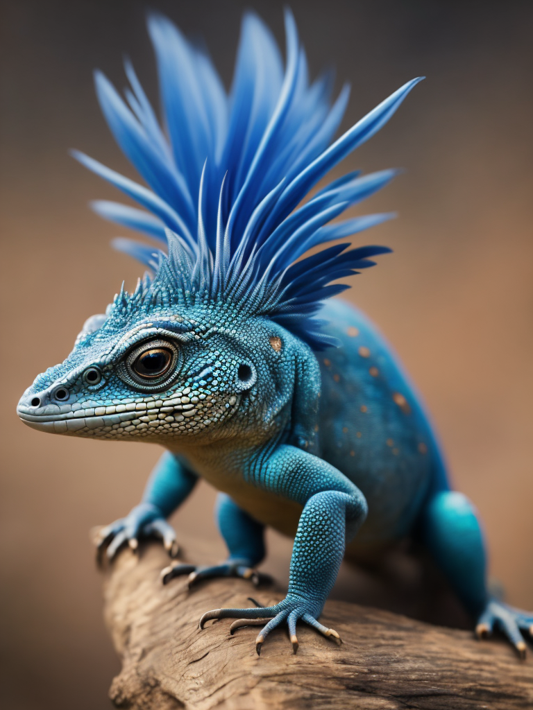Blue feathered lizard, Vibrant colors, Depth of field, Incredibly high detail, Blurred background