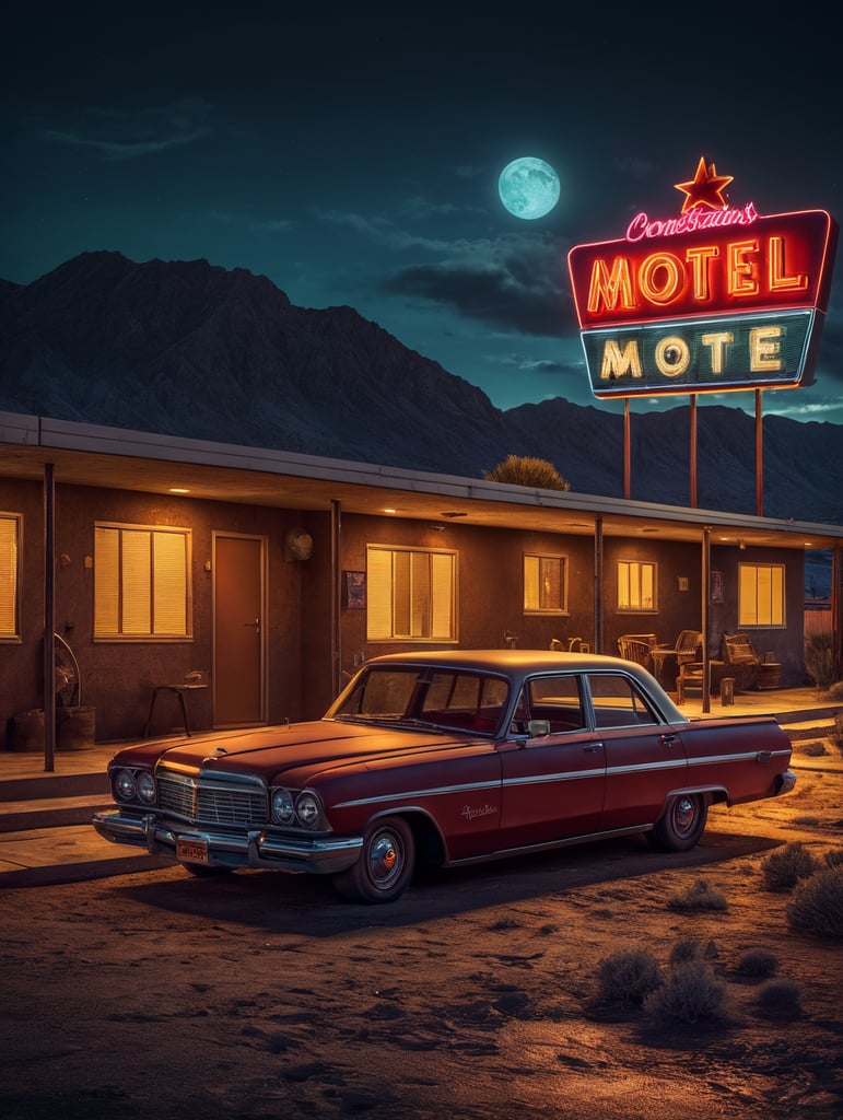 Motel located near the highway with a large neon sign, night, bright colors, contrasting shadows, deep dark atmosphere, tumbleweed, desert and mountains on the horizon, incredible details, sharp focus