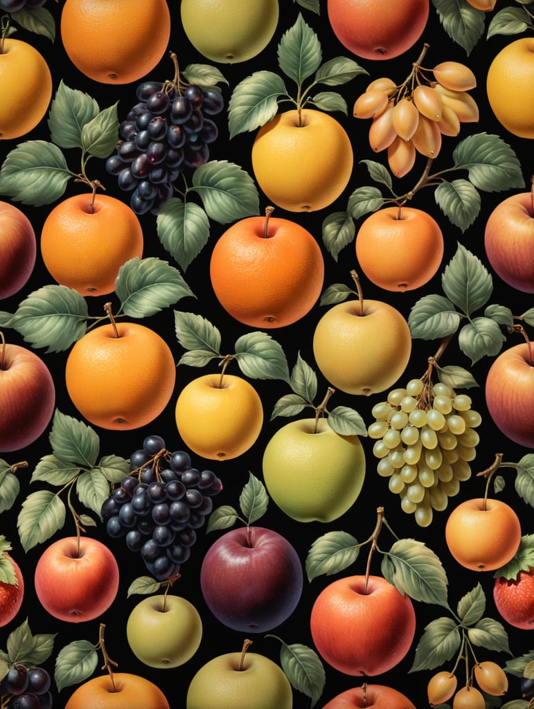 art deco 70s fabric pattern of fruit, pastel color palette