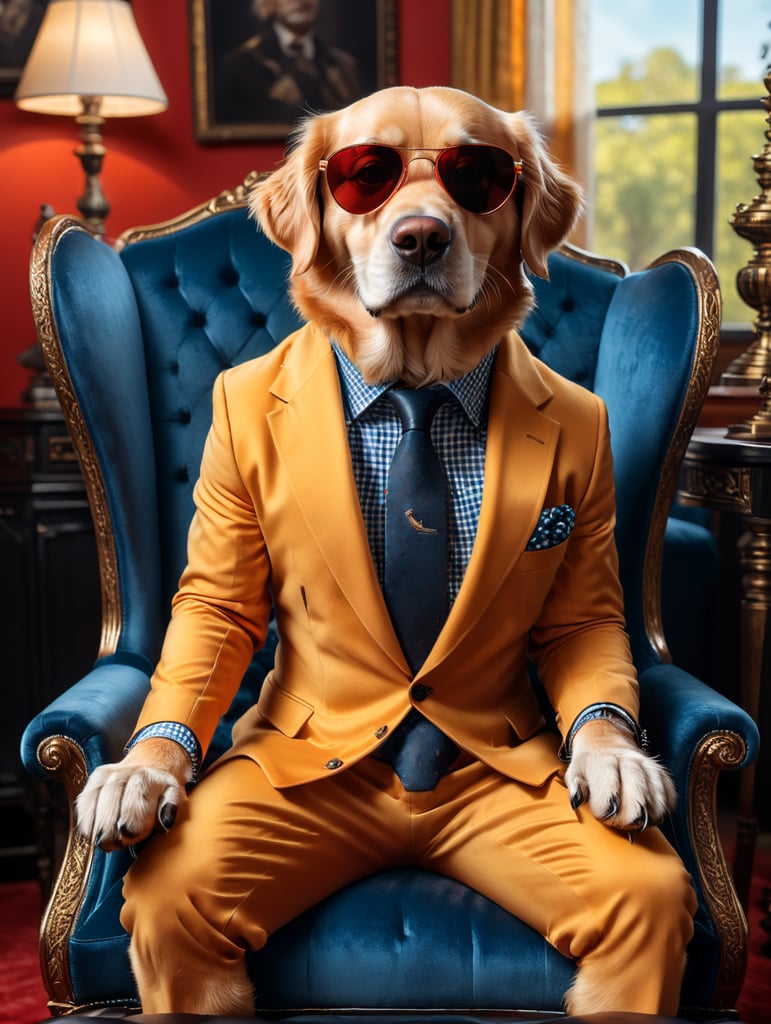 a sleek looking golden retriever, sitting on a tufted blue velvet chair with, bright red background, wearing an expensive 3 piece checkered suit, with very large dark sunglasses, hands in lap, full body with black shiny shoes, black leather gloves, black leather shoes, facing front, super crisp, photographic canon 80d, daylight, bold, fantastic