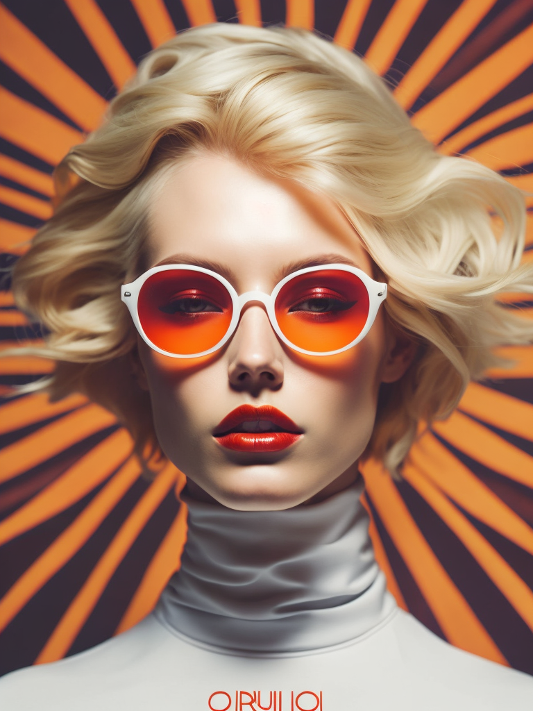 Pale-skinned girl model, wearing a high-necked dress, contrast lighting, white sunglasses with red-orange lenses, red lips, blonde hair in a bob style, dark background with orange-red rays, fashion model, magazine cover, professional shot,