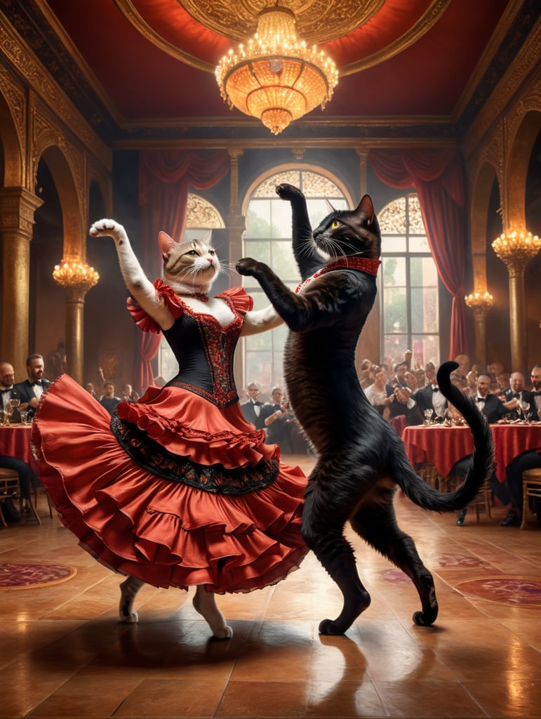 TWO CATS DANCING FLAMENCO PASSIONATELY IN A BALLROOM, PHOTOREALISTIC, VIVID SATURATED COLORS, CONTRAST COLORS, HIGHLY-DETAILED