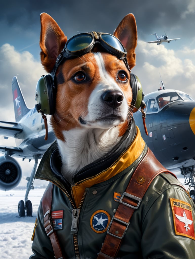 Photorealistic portrait of a jack russell dog in a pilot's outfit, realism, a plane in the background, snow