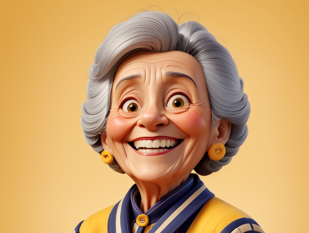 Smiling and cheerful old lady in a striped jacket on an isolated yellow background