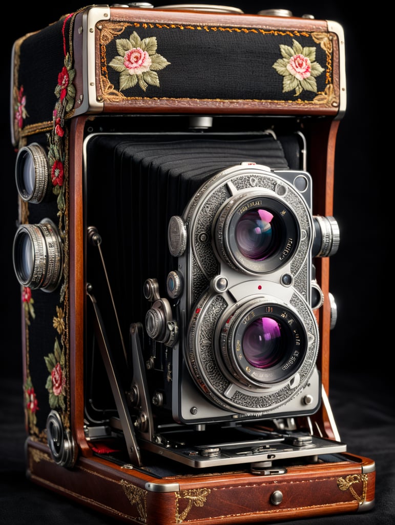 Vintage camera nicon, decorated with textile, fabric case, isolated, black background