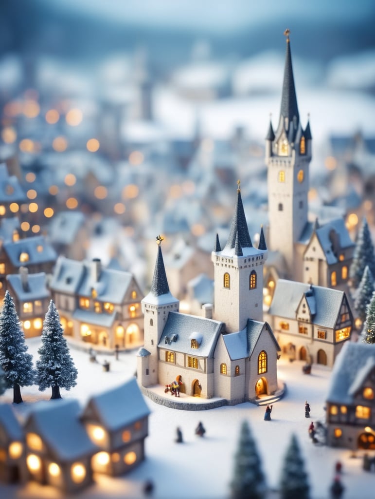 tilt shift photography of a Christmas medieval fantasy miniature city, depth of view, sunny, at night, snowy weather