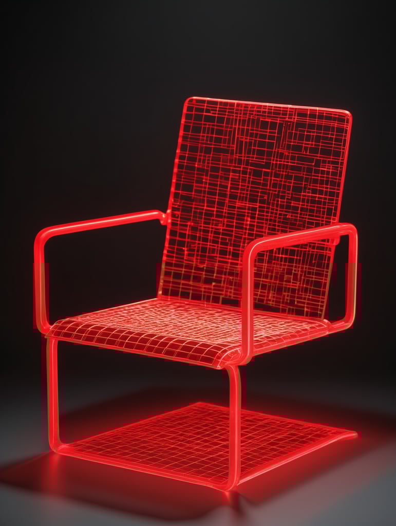 A three-dimensional model of a chair made of a neon-red regular uniform grid of streamlined squares over the entire surface of the body, for the effect of volume and depth on a dark background-there are --no mirror reflections