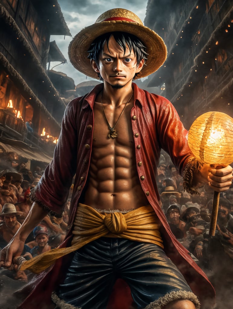 one piece luffy Netflix série, pirografia ultra realista com muitos detalhes