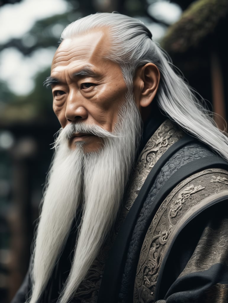 Wise old japanese man from tokyo with a long white beard, intricate, sharp focus, fantasy, cinematic lighting, other worldy, surreal 8k photo, dark moody aesthetic