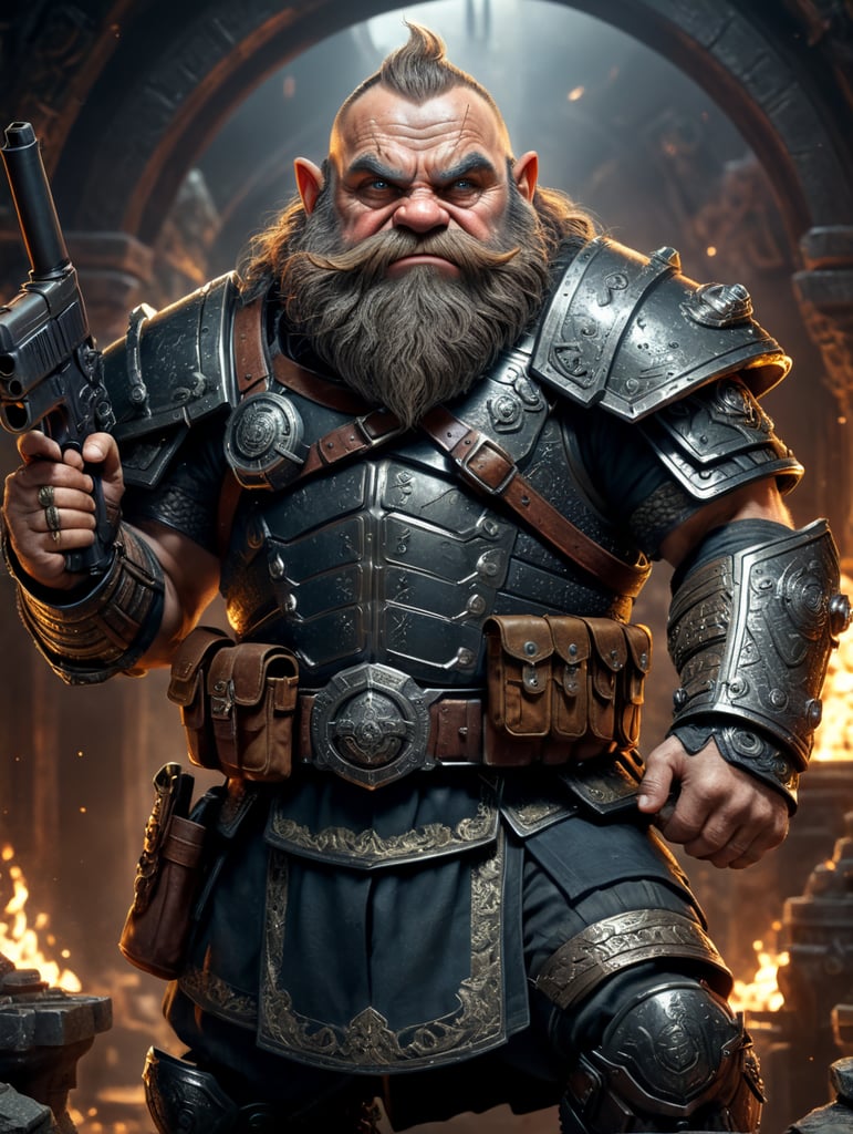 grumpy dwarf in a swat dress, pointing with a gun