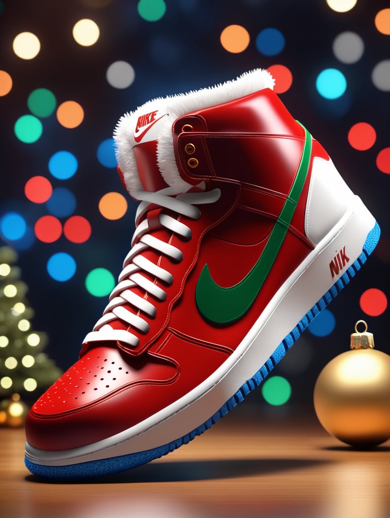 3D Sneakers, By Nike, designed for Santa Claus, advanced color blue, high detail, studio lighting, christmas background, 8k UHD, C4D, blender, OC rendering.