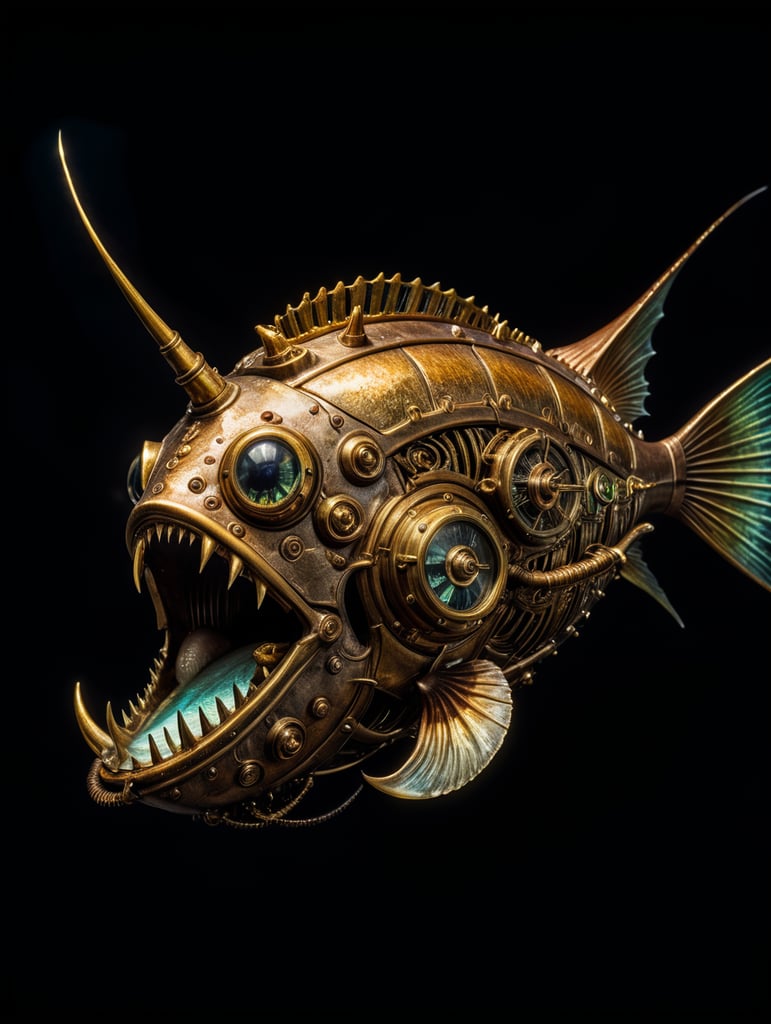 image beautiful florescent unique steampunk artwork fantasy, steampunk style angler fish with sharp teeth, skilled steampunk craftsmanship the fish, with plankton particles in the water, isolate angler fish completely, show the whole body of the fish, deep ocean dark setting,