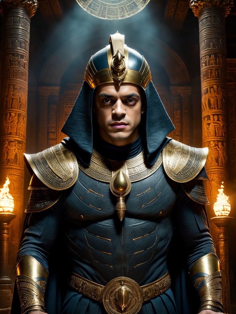 By Anne Rice and Guillermo del Toro, imagine Rami Malek as a cursed pharaoh awakened from an ancient tomb on a ghostly Halloween night, eerie, ancient, Halloween, cinematic photography, action shoot, movement, epic, high definition