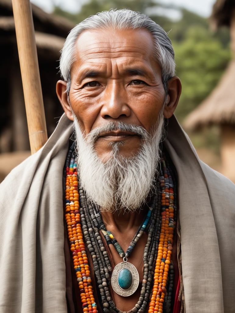 Starszy wódz wioski emanuje mądrością i doświadczeniem, stanowiąc nie tylko przywódcę, ale także przewodnika dla swojego ludu. Jego siwe włosy opadające na ramiona i broda zdobią jego twarz, wyrażając godność i szacunek. Jego oczy, głęboko osadzone w zmarszczkach, ukazują bogactwo przeżytych lat. Ubierając się w tradycyjne stroje wioski, wódz nosi płaszcz z ręcznie tkanej tkaniny, ozdobiony wzorami nawiązującymi do historii i kultury społeczności. Na szyi ma naszyjnik z kolorowymi kamieniami, które opowiadają o dziejach wioski i jej ludzi. W ręku dzierży laskę zrobioną z lokalnego drewna, będącą zarówno symbolem władzy, jak i narzędziem do prowadzenia rady wioski. Jego kroki są pewne, a mimo wieku w jego postawie widać siłę i zdolność do przewodzenia. Wódz jest nie tylko obrońcą tradycji, ale również opiekunem, gotowym podzielić się swoją mądrością z młodszym pokoleniem, by zachować spójność i jedność społeczności.