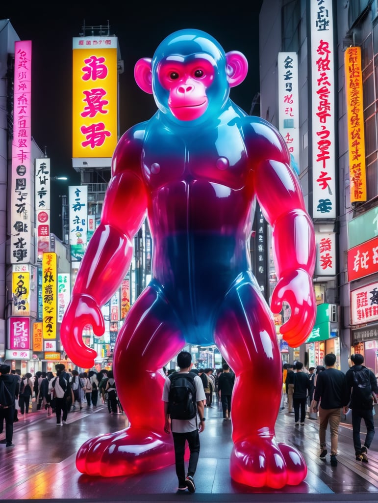 Giant Japanese gummy monkey, translucent, four-story, walks through Tokyo at night, neon rainy city, cyberpunk, techno city.