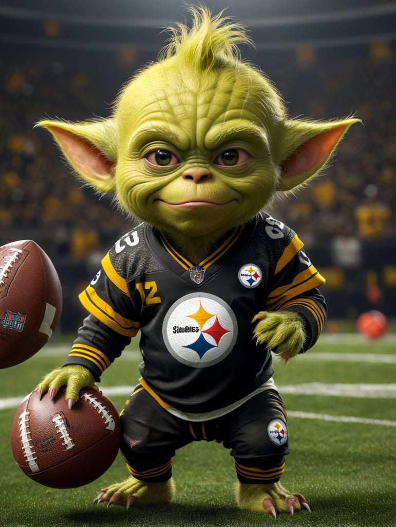 baby grinch wearing steelers team jersey holding a football