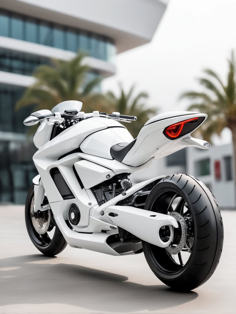 Futuristic white motorbike, low angle view, isolated, white background, mockup