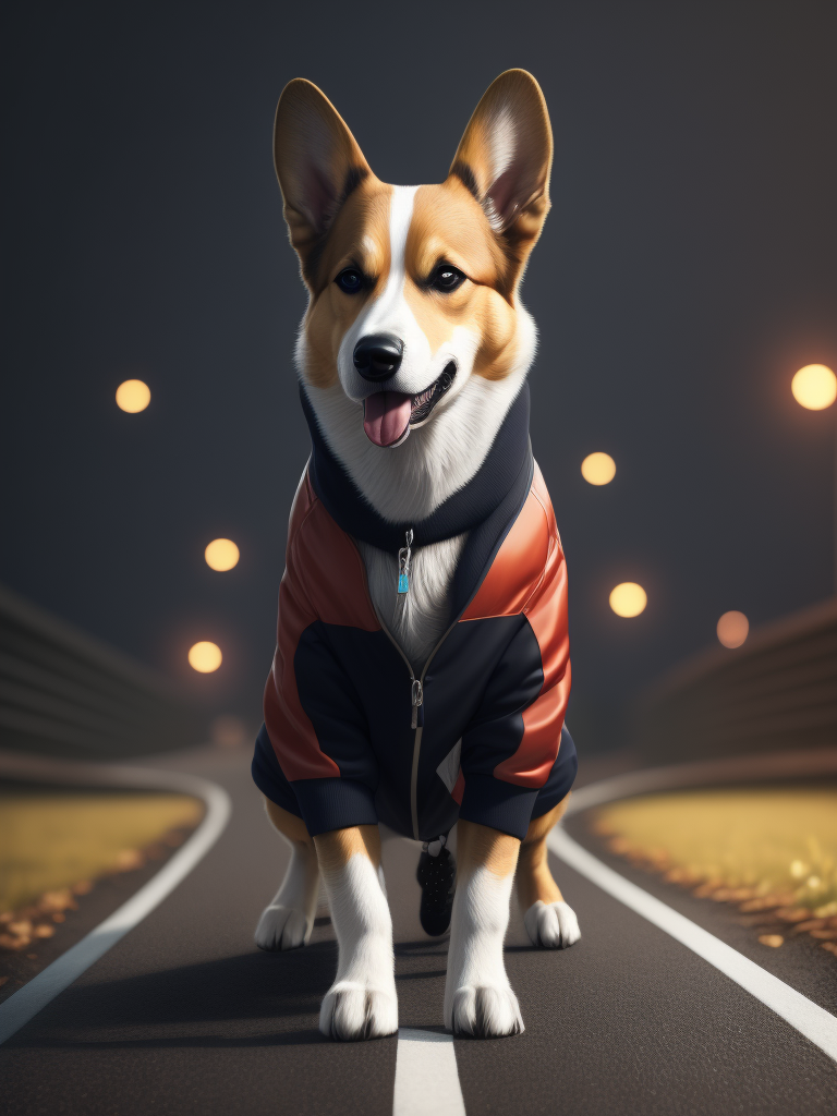 welsh corgi wearing a track suit