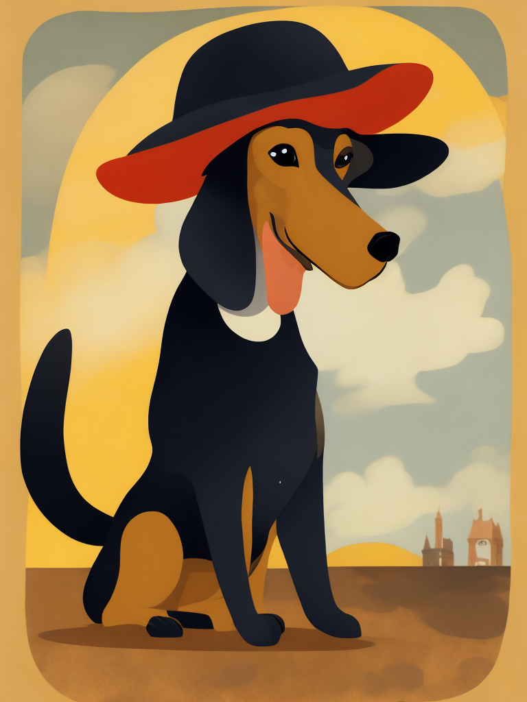 a dog, wearing a hat, Illustration, Disney, USA, style of Mary Blair