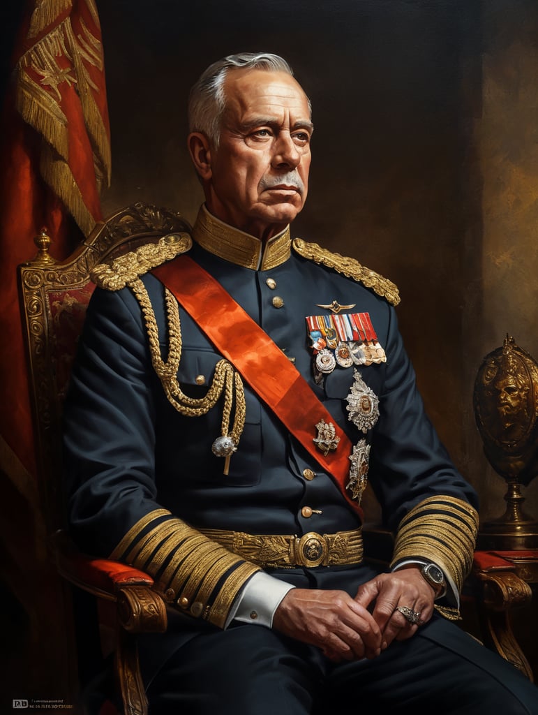 Classical portrait of royalty in uniform. Dramatic lighting. Oil paint texture, high quality.