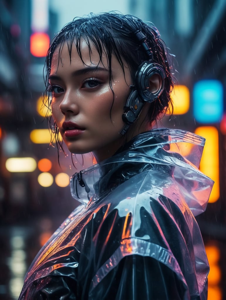 Cyborg girl wearing transparent raincoat, cyborg parts, rainy dark and neon tokio photo shoot, cyberpunk style, bright colours, high contrast, contrast lights