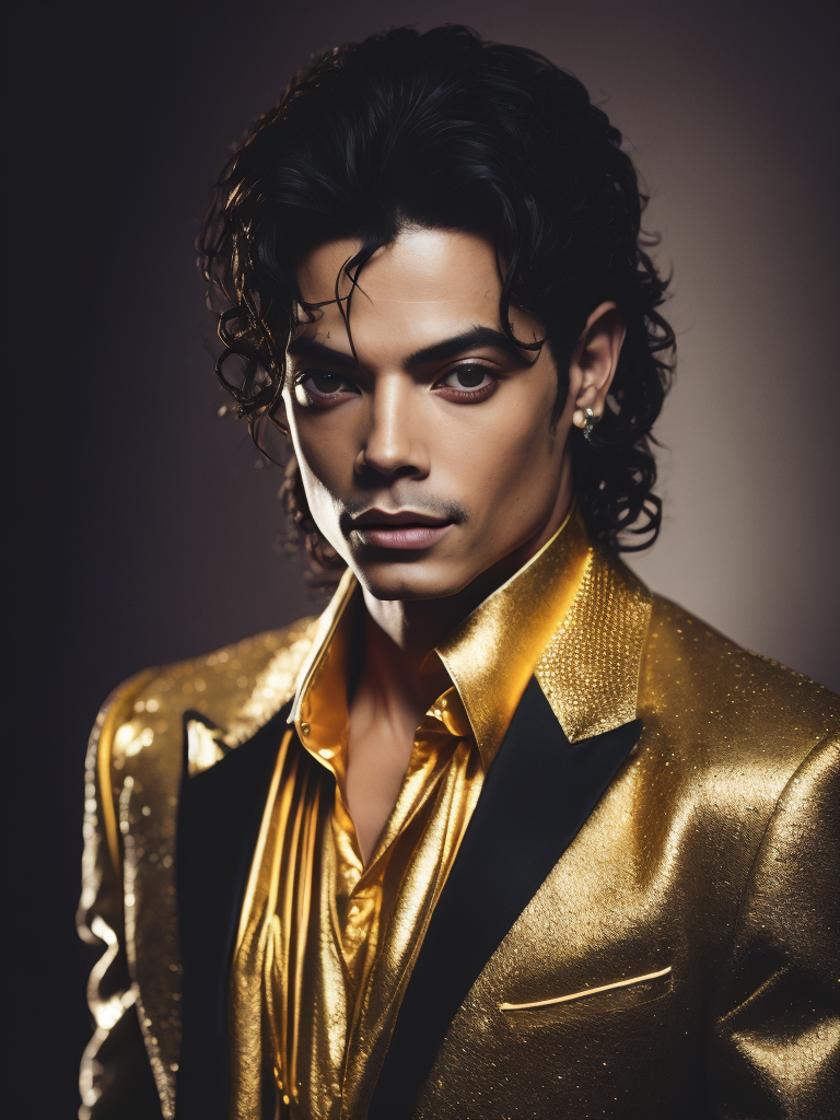 Portrait of Michael Jackson dressed in golden chrome suit, dark gradient background, Vivid saturated colors, Contrast light, studio photo, professional photo, Detailed image, detailed face