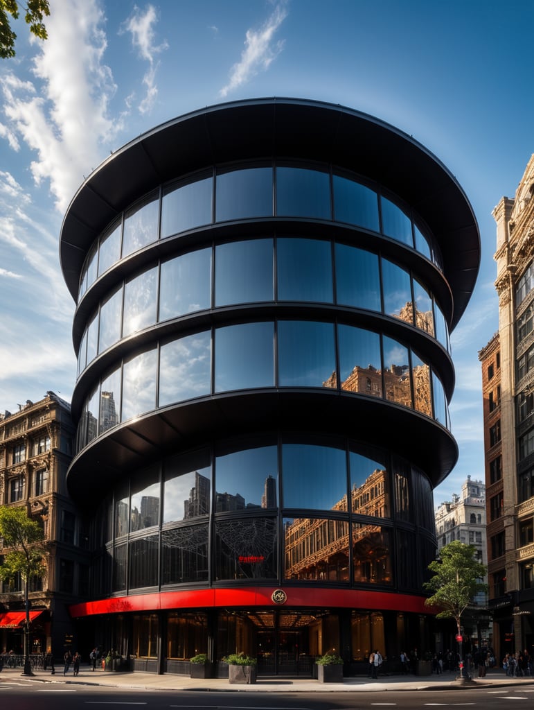 dream prompt: the craziest, bentwood, far view lens architectural modern style hyper realistic hyper detailed neocosmic exterior architecture design of a spider Fluid complex facade, geometric shapes spectrum, black::1 red:3, Antoine Blanchard architecture art style, in new york city, dramatic ambient, natural lighting, camera sony, 8k, --s1000 --style raw, you can imagine