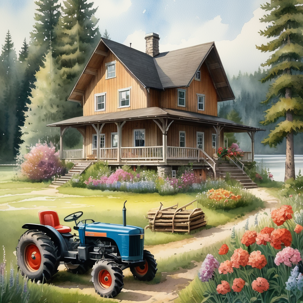 a romantic farmer's house with a porch and stairs on the edge of a tall spruce forest by the lake. Flowers around the house. In front of the house, a farmer on a tractor and a wagon full of hay., watercolor, art-station, studio photo, detailed, intricate details, author: greg rutkowski
