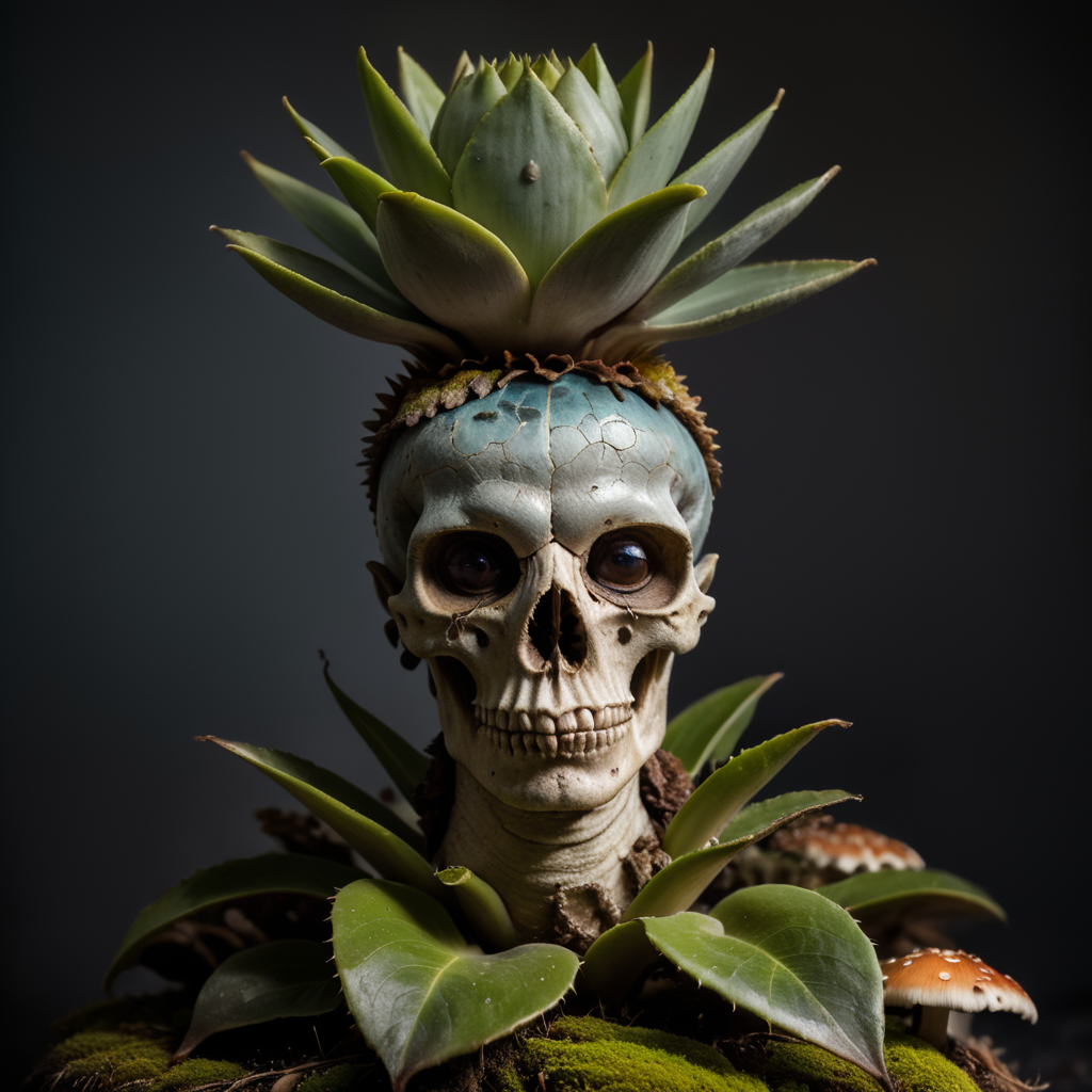 plant extraterrestre, agave head, earth skin and mushrooms. real photography,potcoll