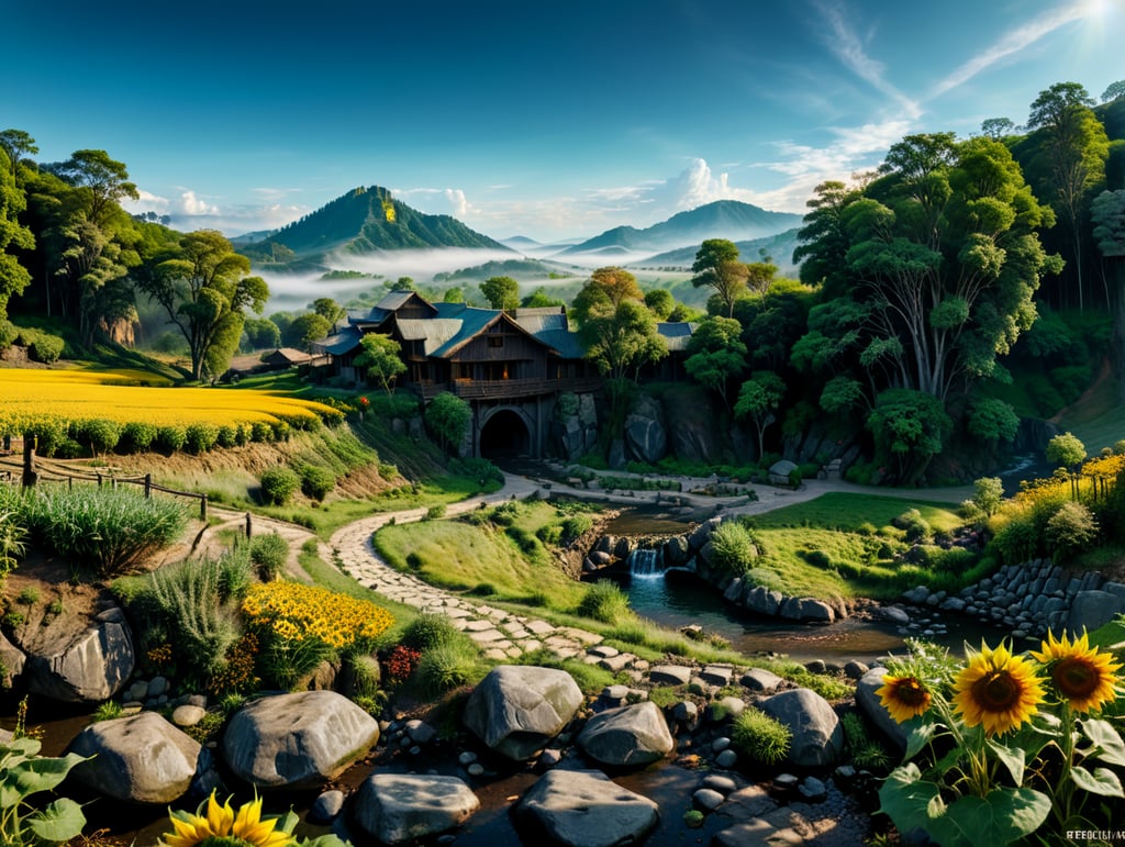 nature landscape, two hills behind of scene one of them dense forest other is stone and desert, lake int he middle of scene, creek coming to point of view, small stone bridge on creek,small waterfall stones of scene's left bottom side, green grasses and colorful flora close to viewer, wooden two story big house on right side on scene with sunflowers on front of it, mud road right bottom side of scene, many hills on fog on background horizon,