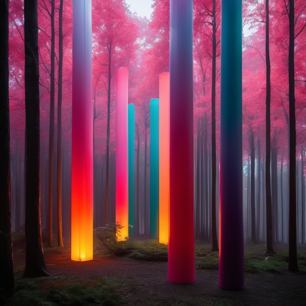 Esculturas de colores vibrantes muy altas hechas de látex y con luz inspiradas en la obra arquitectónica de Luis Barragán cubiertas con tela semitransparente en medio de un bosque muy obscuro