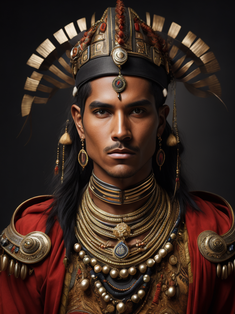 portrait of an Aztec warrior in folk costume and jewelry, Depth of field, Incredibly high detail, dark background