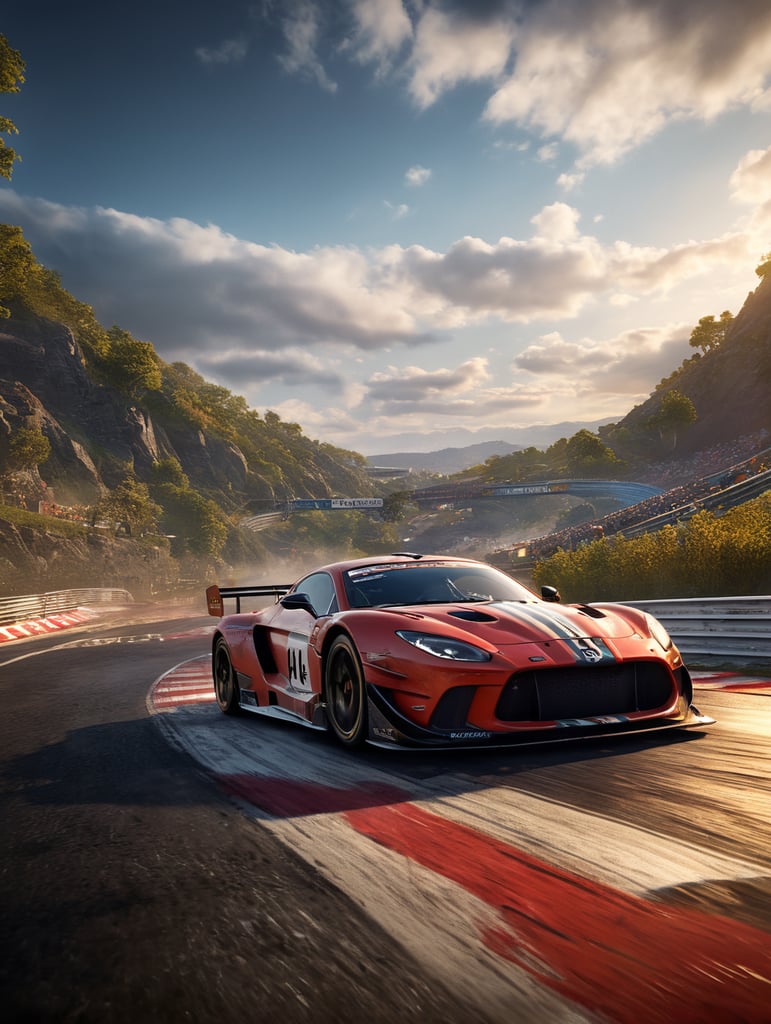 A video game render of an epic racing track, epic racing location, Asphalt 9 Legends style, incredible graphics, 4k