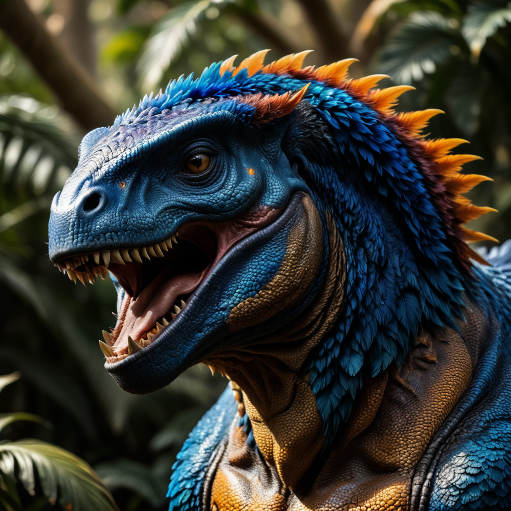 Blue feathered t-rex, Vibrant colors, Depth of field, Incredibly high detail, Blurred background