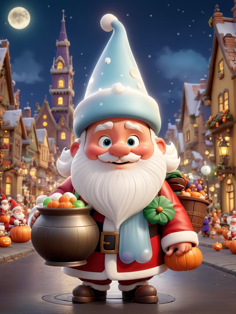 A charming Santa Claus in the middle of Street at night, halloween theme, Disney Pixar style, wearing a pointy hat and holding a bubbling cauldron