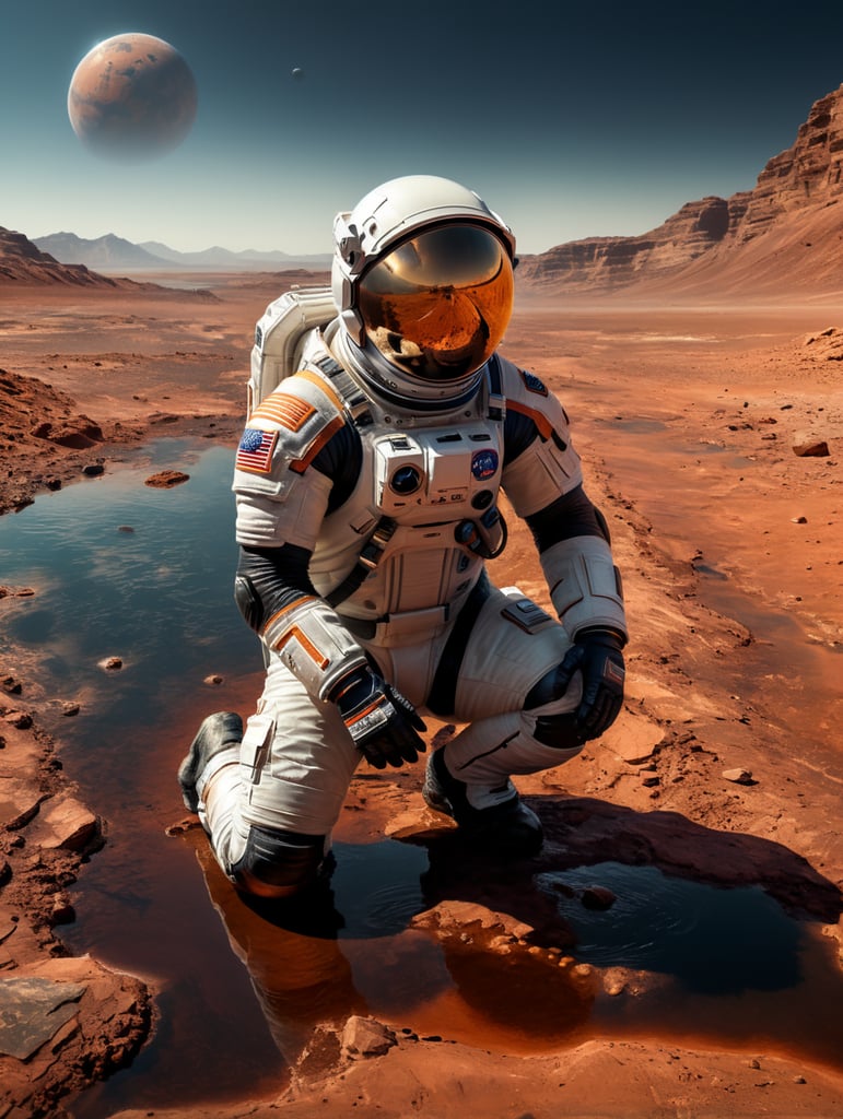 NASA astronaut kneeling down by the side of a water lake on planet mars, cupping his hands in the lake of martian water.