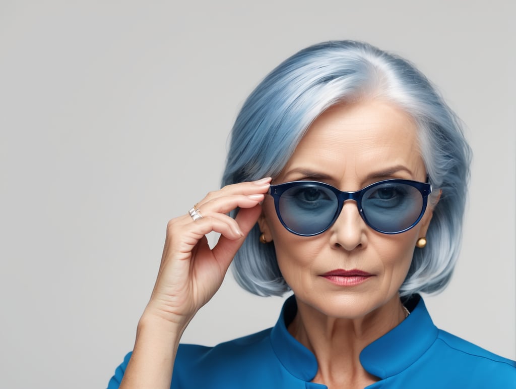 Blonde middle aged woman ponders on something keeps hand near face, blue hair, blue blouse, black sunglasses, minimalistic style, fashion, mature women, pretty old women, isolated, white background