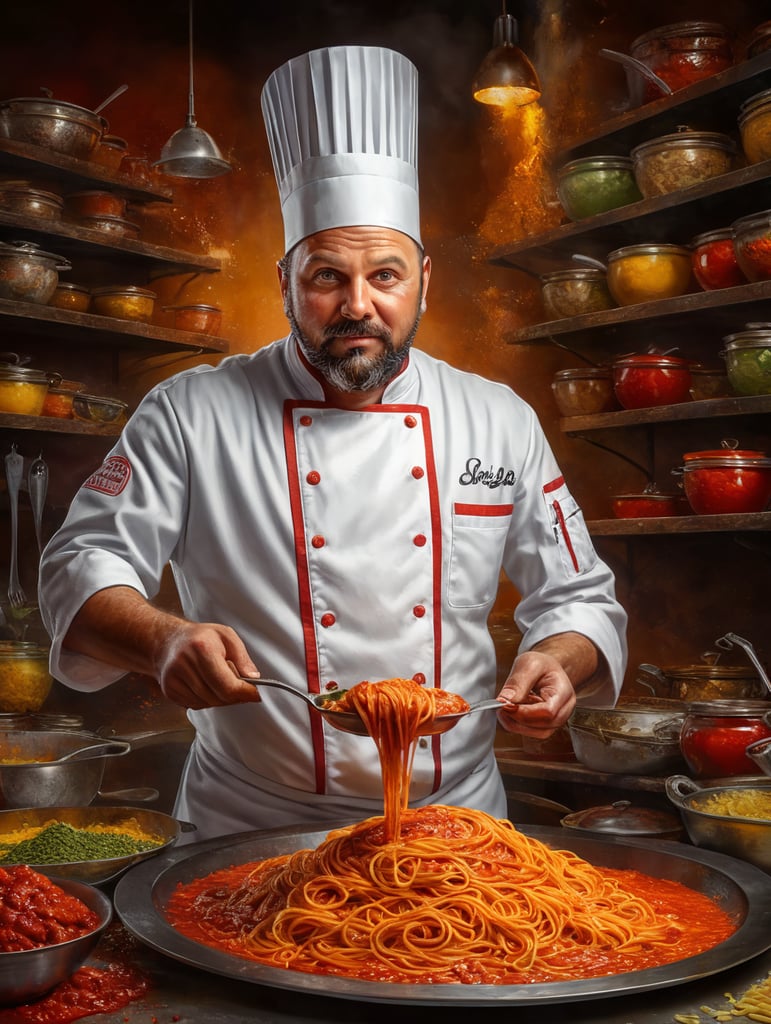 full standing centered Portrait of Pasta Sauce chef, bright and saturated colors, highly detailed, sharp focus, Bright expressive, Depth of field, Incredibly high detailed, on a white background
