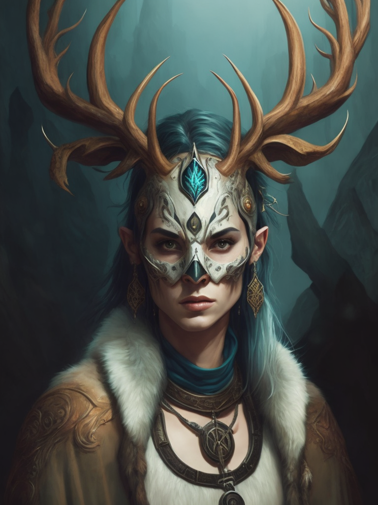 full-length portrait of a Celtic pagan druid wearing a stag skull mask, rune symbols, fantasy concept art, highly detailed