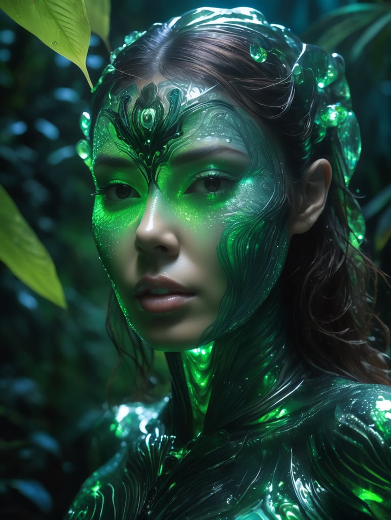 detailed photos of something humanoid women made entirely of otherworldly luminescent and translucent liquid materials, on night jungle river , you can see all the inside of his body, supernatural style, realistic style, infinite ultra high definition image quality and rendering, infinite image detail, infinite realistic render, infinite realistic RTX global illumination, infinite special effect